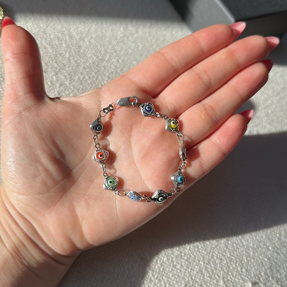 Multicolor bead sterling silver evil eye bracelet small - Picture 3 of 6